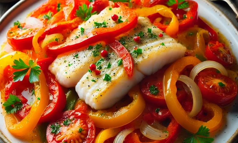 Paprika-Fisch Rezept - Dieses Rezept ist kalorienarm und schnell gekocht. Saftiger Fisch auf Gemüsebett.